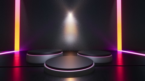 Winning Platform of the Three Centers with colorful neon lights in the background On a shiny metal floor. 3D Animations
