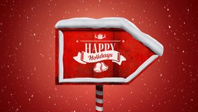Animation of falling snowflakes over wooden sign with happy holidays text. christmas, tradition and celebration concept digitally generated video.