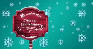 Animation of falling snowflakes over wooden sign with merry christmas text. christmas, tradition and celebration concept digitally generated video.