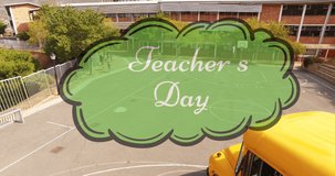 Animation of happy teachers day text over diverse schoolchildren running and school bus. school, education and study concept digitally generated video.