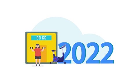 Fat young woman animation exercising with dumbbells while standing with scales and 2022 numbers. Cartoon in 4k resolution