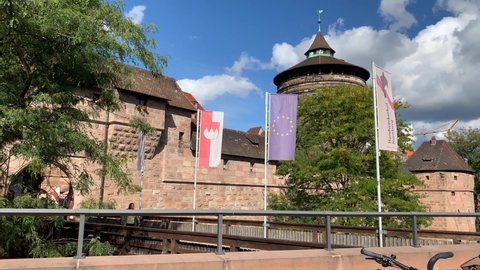 On September 30th 2021 in Nuremberg, Germany, outside Nuremberg Frauentor, Ladies Gate, historic famous place that was a fortification and today the center for culinary and cultural business