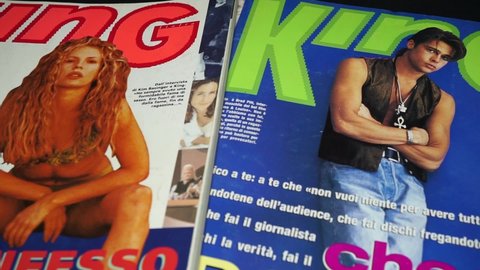 Rome, Italy - October 14, 2021, detail of the covers of King magazine, now out of print. The magazines are from October 1989 and 1991 and feature the young actress Kim Basinger and a young Brad Pitt.