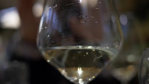 Glass of white wine. Blurred background. 4K