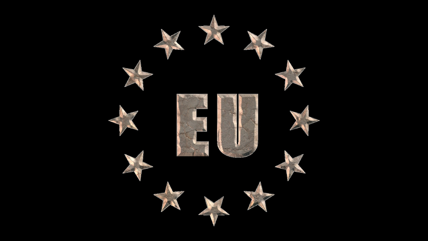Stone or marble EU emblem erodes cracks and is covered with moss. Decay, decline, stagnation concept. Prorez with alpha, easy to place on any background. Royalty-Free Stock Footage #1080866306