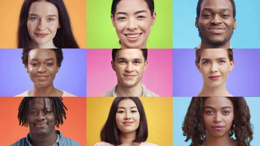 Diversity of people. Mosaic collage portrait of happy multiethnic men and women smiling to camera over bright colorful studio background, slow motion