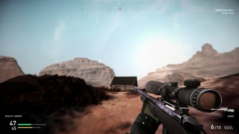 Gamer playing mission in the new video game. Playing with sniper rifle in combat operation first-person shooter game. Player killing opposition using the rifle scope in modern military computer game.