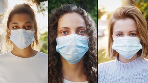 Group of mixed race people wearing protective medical mask. Health and safety concept, infection, COVID-19, virus protection, pandemic. Multi Screen footage.
