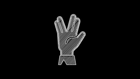 White line Vulcan salute icon isolated on black background. Hand with vulcan greet. Spock symbol. 4K Video motion graphic animation.