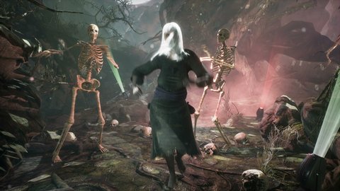 Halloween disco and fun dancing performed by skeletons and witches in a spooky dark forest. Halloween Horror Concept. The looped animation is perfect for Halloween or horror backgrounds. 3D rendering.