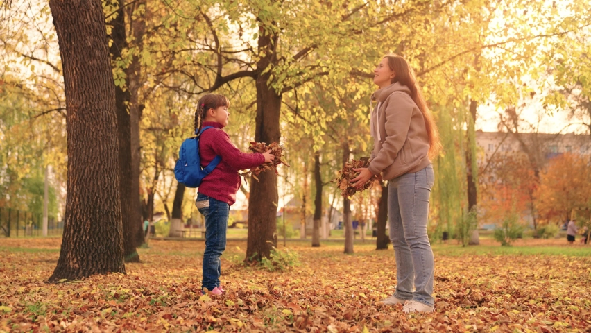 mother and little child in an autumn park throw dry leaves up, happy family, live fun with mom, cheerful kid plays with foliage and parent hands throwing leaf fall, parental care of girl, nature walk Royalty-Free Stock Footage #1080876101
