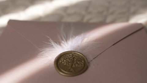 The pink textured envelope is stamped with brown wax and decorated with a white feather that sways from breathing. Gift envelope with decorative elements. Interesting sunlight. Sunbeam