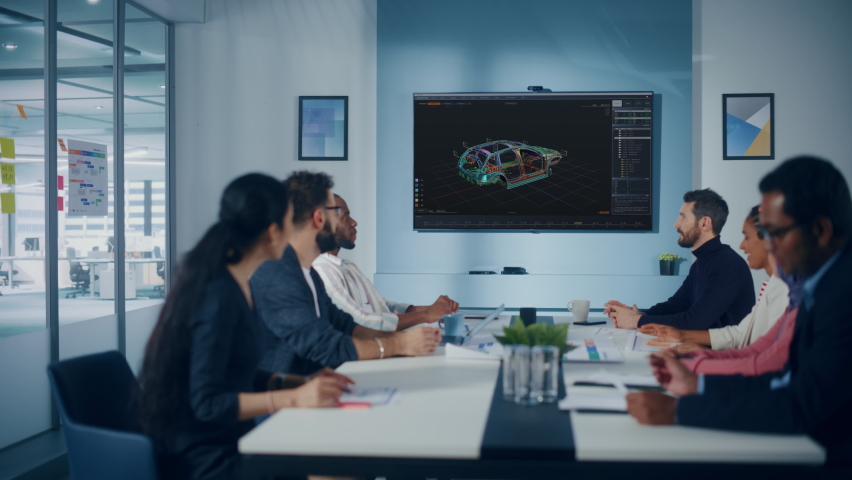 Multi-Ethnic Office Conference Room Meeting: Team of Industrial Engineers, Technicians Talk, Use Digital Interactive TV with 3D Car Concept. Eco-friendly, Green Renewable Energy Vehicle Prototype Royalty-Free Stock Footage #1080878393