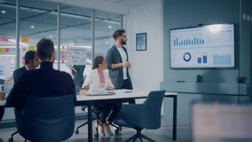 Diverse Modern Office: Businessman Leads Business Meeting with Managers, Talks, uses Presentation TV with Statistics, Infographics. Digital Entrepreneurs Work on e-Commerce Project. Static Wide Shot - Powered by Shutterstock - Get 15% off with code: PIKWIZARD15