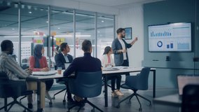 Diverse Modern Office: Businessman Leads Business Meeting with Managers, Talks, uses Presentation TV with Statistics, Infographics. Digital Entrepreneurs Work on e-Commerce Project. Static Wide Shot - Powered by Shutterstock - Get 15% off with code: PIKWIZARD15