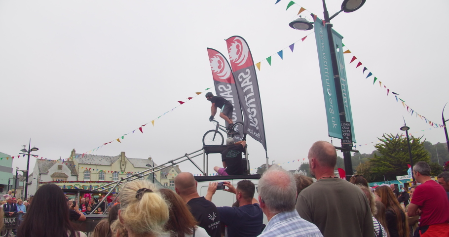 Truro , Cornwall , United Kingdom (UK) - 09 05 2021: Man Performs Dangerous Stunt On A Mountain Bike In Truro