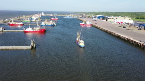 Aerial from fishing boats in the harbor from Lauwersoog in Friesland the Netherlands