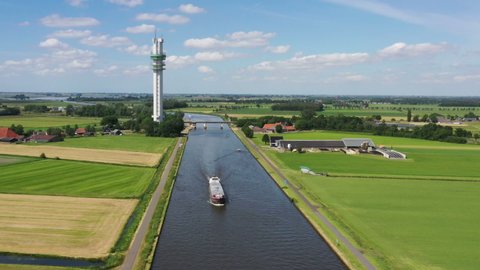 Aerial from a freighter at the Spannenburg bridge near Lemmer in the Netherlands