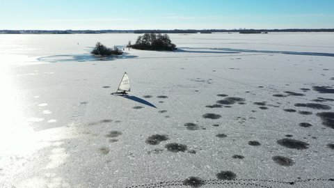 Aerial from ice sailing at the Bergumer lake in Friesland the Netherlands