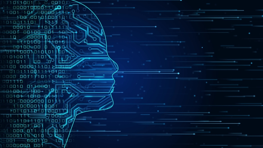 Future AI tech machine learning, face outline circuit board and binary data flow on blue Loop background. cyber mind Human fast digital computing, robot revolution Big data, artificial intelligence. | Shutterstock HD Video #1080885575