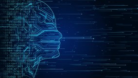 Future AI tech machine learning, face outline circuit board and binary data flow on blue Loop background. cyber mind Human fast digital computing, robot revolution Big data, artificial intelligence. - Powered by Shutterstock - Get 15% off with code: PIKWIZARD15