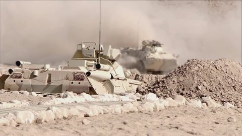 A column of armored vehicles with soldiers on armor drive past military equipment in the desert, selective focus. Concept: a combat group in a military conflict zone.