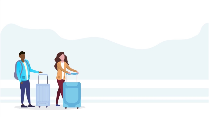 Mixed racial tourists order business taxi and wait at the pin point standing with a suitcase along roadside. Cartoon animation with skyscraper on background. Taxi arrival concept.