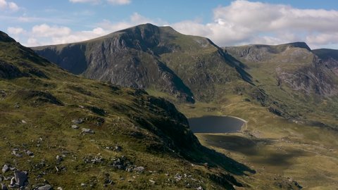 Aerial view of Llyn Idwal and the mountains of Snowdonia Wales