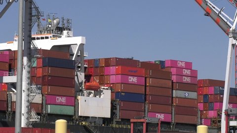 California 2021 USA: Container ship terminal loading containers onto a container ship at the Port of Los Angeles