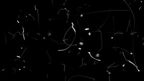 Animation old destroyed film strip. White scratches and damage on a black background. Videos with smudges, dots, words, broken texture, cuts, dents. 4k with alpha channel. Hand drawing effect.