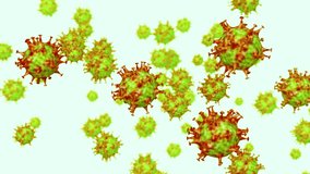 Loopable: Microscopic generic coronavirus family green-red virus particles flying. Abstract 3D animation background.