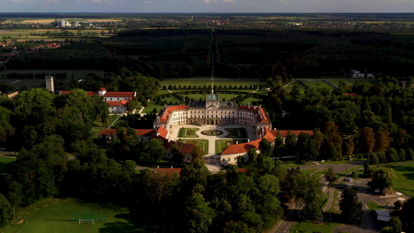 Cinematic drone shot of the Palace Esterházy Kastély in Hungary