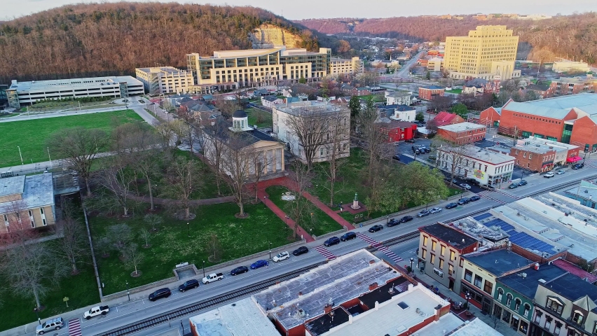 Old State Capitol Building in Downtown Frankfort Kentucky, Aerial Drone Shot Panning