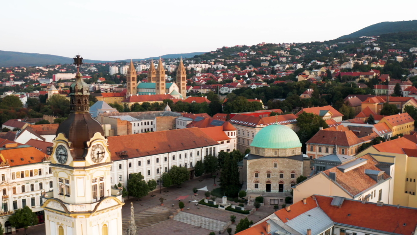 Clock Tower Of County Hall Building In Szechenyi Square In Pecs, Hungary. aerial