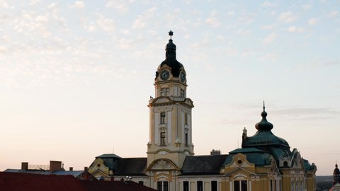 Pecs County Hall At Szechenyi Square During Sunrise In Pecs, Hungary. aerial