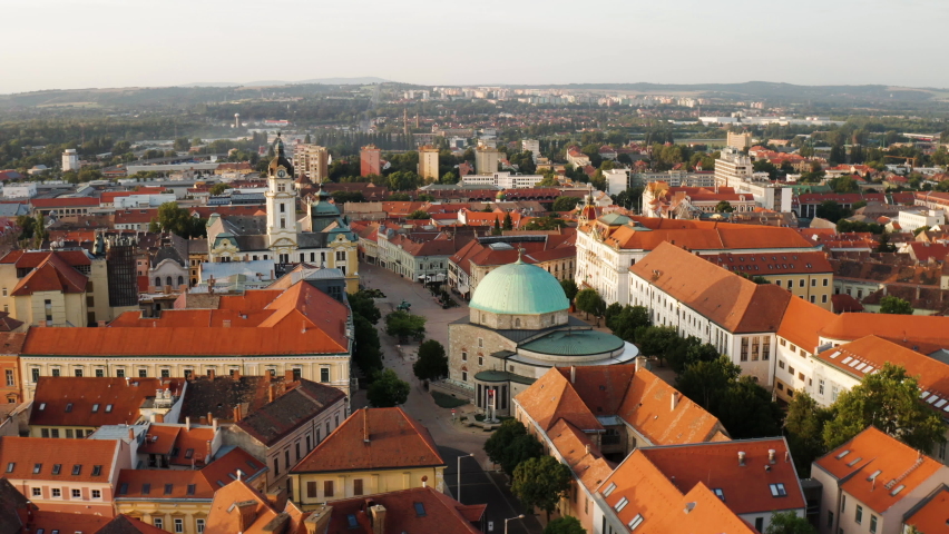 Panorama Of The Medieval City Of Pecs With The Historic Building At Szechenyi Square In Hungary. aerial
