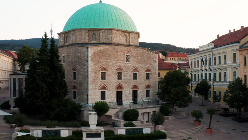 Exterior Of Pasha Qasim Mosque In Pecs, Hungary - aerial pullback