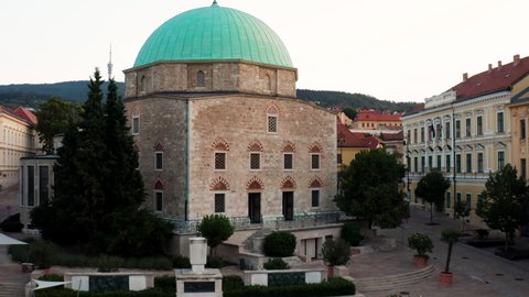 Exterior Of Pasha Qasim Mosque In Pecs, Hungary - aerial pullback
