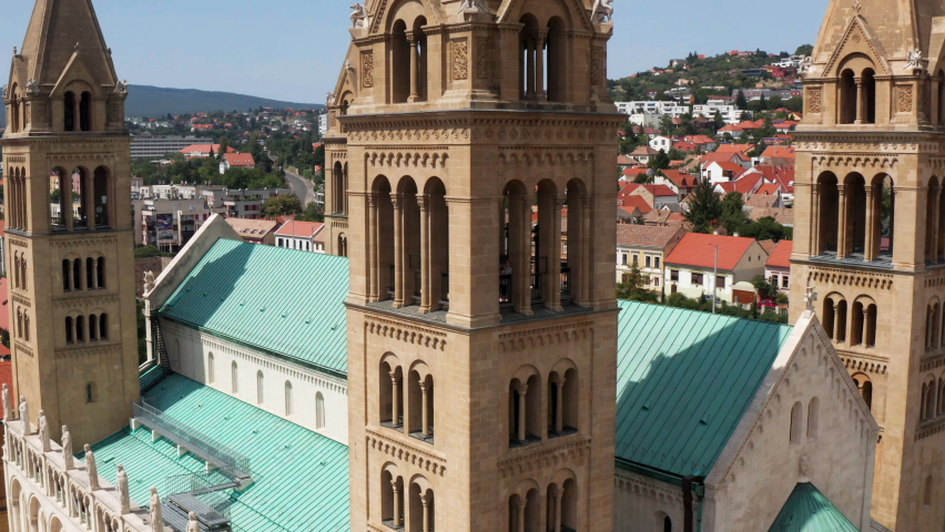 Cathedral In Pecs, Baranya County, Hungary - aerial drone shot