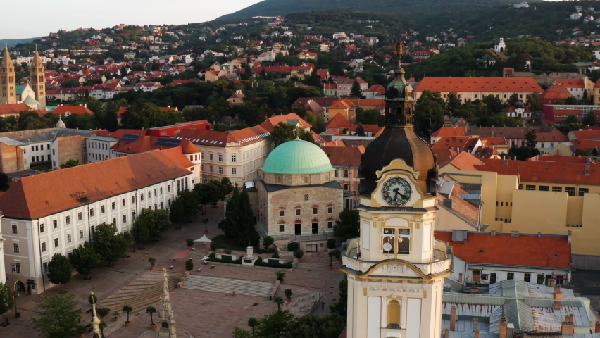 Famous Mosque Of Pasha Qasim Victorious On Szechenyi Square, Pecs, Hungary - aerial drone shot