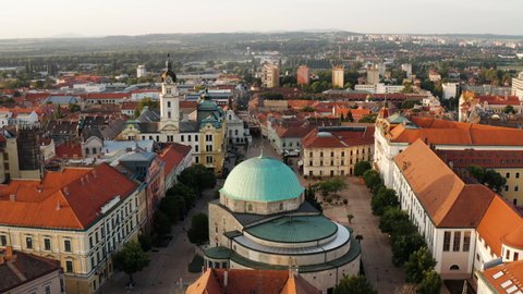 Panoramic View Of Szechenyi Square During Daybreak At The City Center Of Pecs, Hungary. aerial