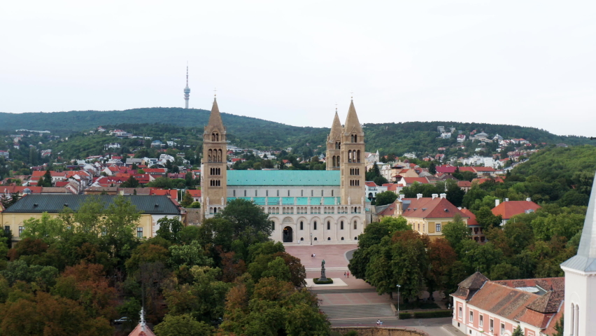 Aerial View Of Pecs Cathedral At Sunset In Hungary - drone shot