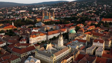 Panorama Of The Town Landscape Of Pecs With Medieval Churches In Hungary. aerial