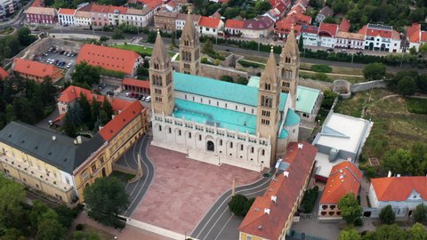 Bird's Eye View Of Bishop's Palace Near Pecs Cathedral, Roman Catholic Church In Pec City, Hungary. - aerial