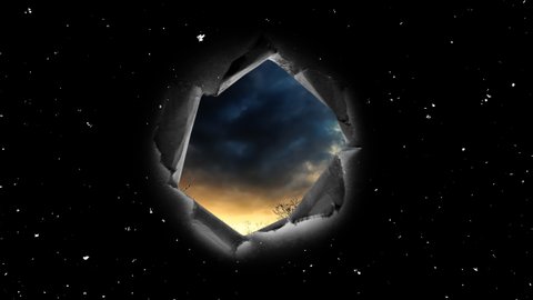 A hole with torn edges in the night snowy sky through which you can see the beautiful summer sky at sunset. The concept of hope, change for the better. Creative 4k time-lapse and slow motion video.