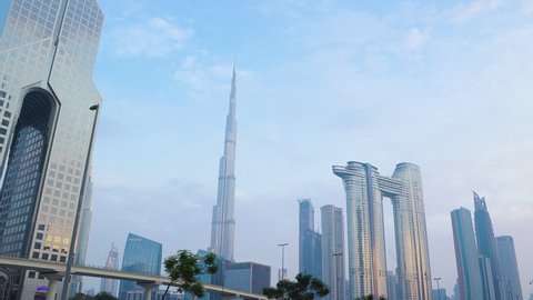 Dubai, United Arab Emirates - October 3, 2021: Beautiful view of Dubai city skyscrapers or skyline along with Burj khalifa. A view from Sheikh Zayed Road Dubai