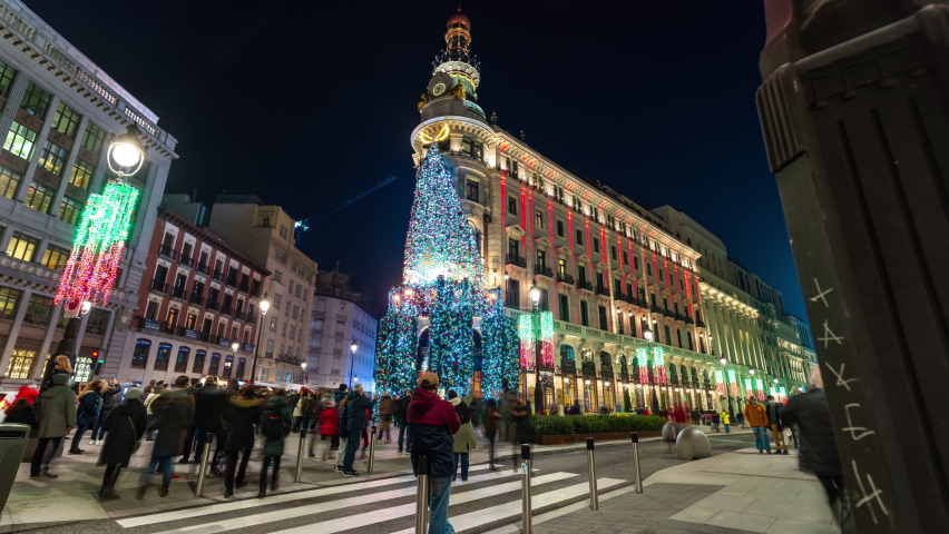 Timelapse of iconic building Christmas decoration in Madrid