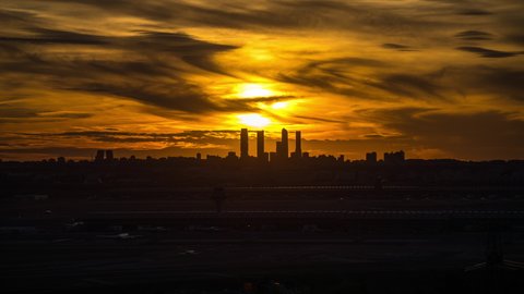 Madrid Skyline Madrid Skyline and Airport Timelapse sunset
