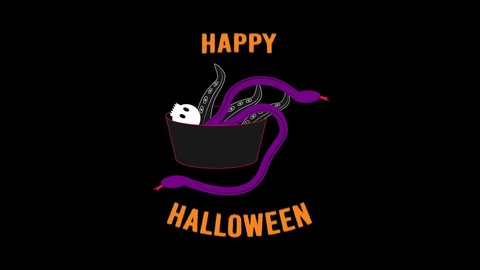 Happy Halloween Words Letters Text with Bowl, Skull, Snake, Tentacles. Halloween Typography Isolated on Dark Background. 4K Ultra HD Video Motion Graphic Animation.