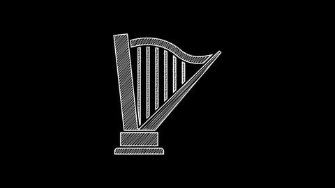 White line Harp icon isolated on black background. Classical music instrument, orhestra string acoustic element. 4K Video motion graphic animation.